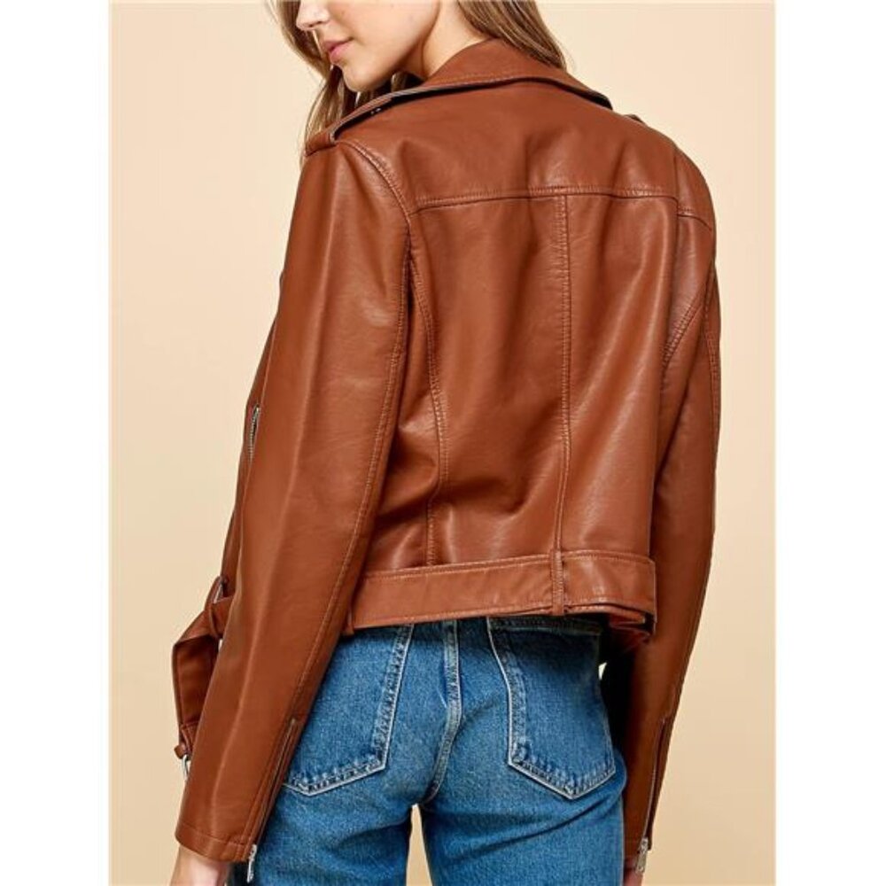 Slim Fit Stylish Vegan Leather Moto Jacket Orange - Picture 3 of 5